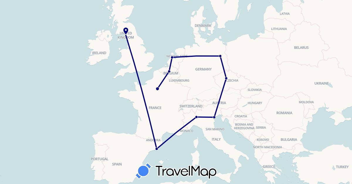 TravelMap itinerary: driving in Belgium, Czech Republic, Germany, Spain, France, United Kingdom, Italy, Netherlands (Europe)